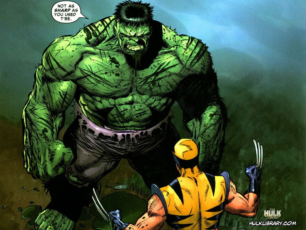 The comic image features the Hulk, a massive green figure, towering over a smaller character with claws, emphasizing their intense standoff in a dramatic setting.