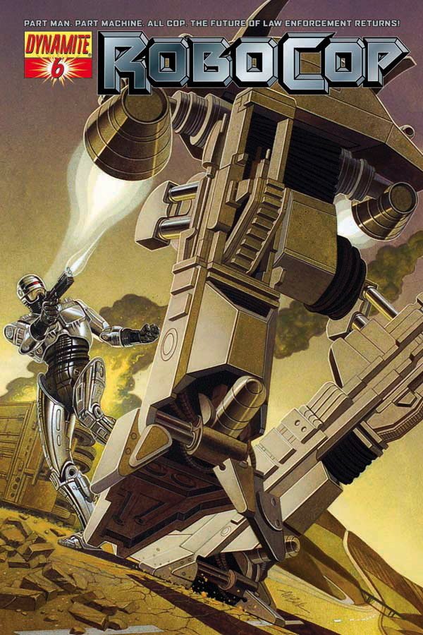 Comic book cover: RoboCop aims his gun at a towering battle mech stomping through rubble under dramatic spotlights.