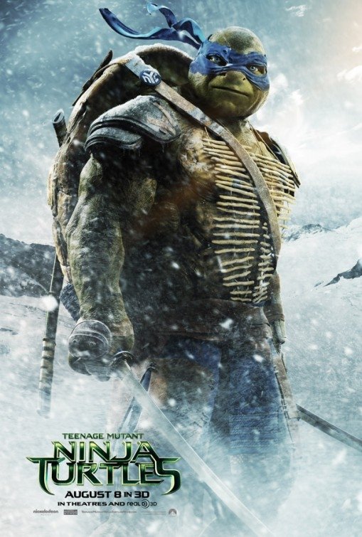 Leonardo from the 2014 Teenage Mutant Ninja Turtles movie stands ready in snowy terrain, holding his katana swords with a determined expression.
