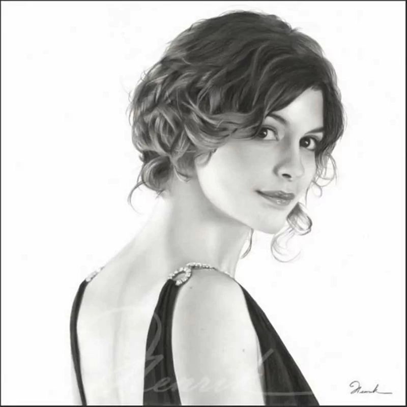 A detailed drawing of a pretty woman with short, wavy hair, looking over her shoulder while wearing a sleeveless top.