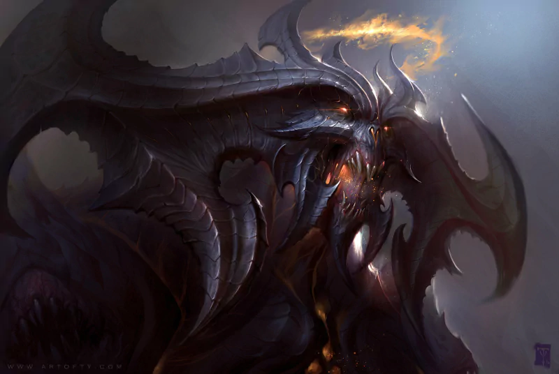 A dark fantasy scene featuring a menacing demon dragon with glowing eyes and fiery accents, embodying a powerful and terrifying monster.