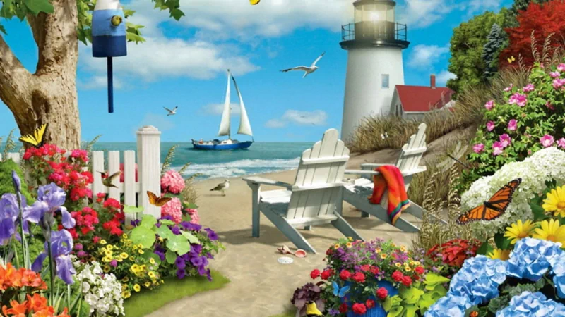 Artistic painting of a vibrant seaside garden with blooming flowers, a lighthouse, a sailboat on the ocean, and two white chairs facing the water under a bright sky.
