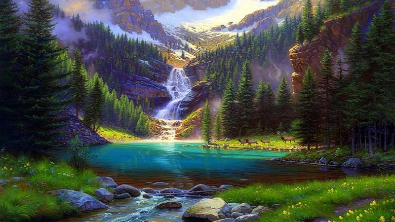 An artistic painting of a serene mountain landscape featuring a cascading waterfall, dense pine trees, and a clear turquoise lake under a glowing sky.