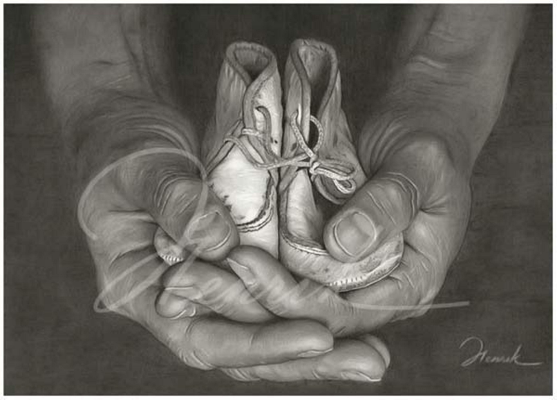 A detailed drawing of large hands gently holding a pair of small, man-made shoes.