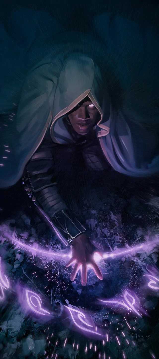 Mystic wizard in a hooded cloak channels purple magic sigils with an outstretched hand — dark fantasy sorcery scene.