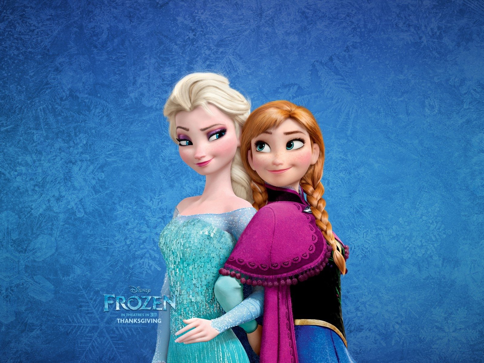 Two main characters from the movie Frozen stand back-to-back against a blue background, with Elsa in a shimmering gown and Anna in her colorful outfit, showcasing their distinct personalities.