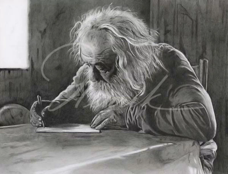 A detailed drawing of an old man with long hair and a beard, focused on writing at a table, surrounded by a softly lit, minimalistic interior.