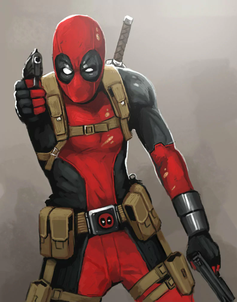 A dynamic illustration of Deadpool, featuring his iconic red and black suit, striking a playful pose with a gun in hand and a sword sheathed on his back, showcasing his comic book flair.