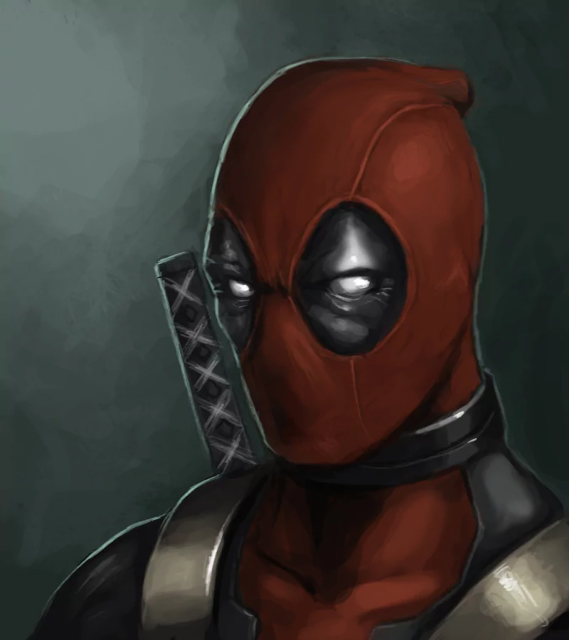 A colorful, close-up illustration of Deadpool, the comic character, featuring his iconic red and black mask, with a dark background and a hint of his signature katana peeking out behind him.