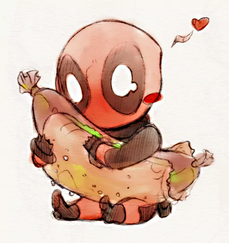 A cute cartoon depiction of Deadpool joyfully hugging a giant sandwich, complete with a heart above his head, capturing his playful and quirky nature in comic style.