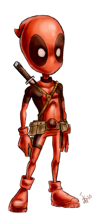 Comic-style illustration of Deadpool with an oversized head, wearing his red and black suit, utility belt, and a sword strapped to his back.