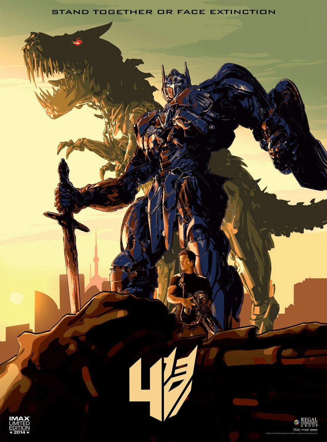 Poster for the movie Transformers: Age of Extinction features a towering armored robot holding a sword, with a dinosaur silhouette and a man standing beneath, against a city skyline at sunset.