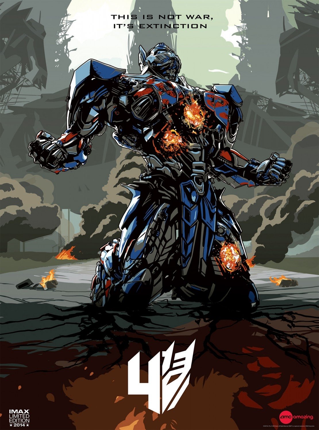 Poster for the movie Transformers: Age of Extinction features a battle-damaged robot kneeling with the tagline, This is not war, it's extinction, amid a smoky, ruined landscape.