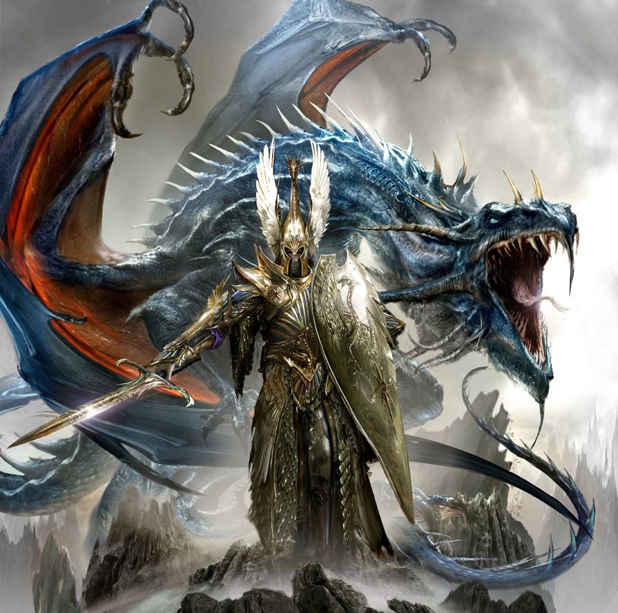 A towering armored warrior stands ready with sword and shield as a massive, roaring dragon spreads its wings behind him in a dramatic Warhammer video game scene.