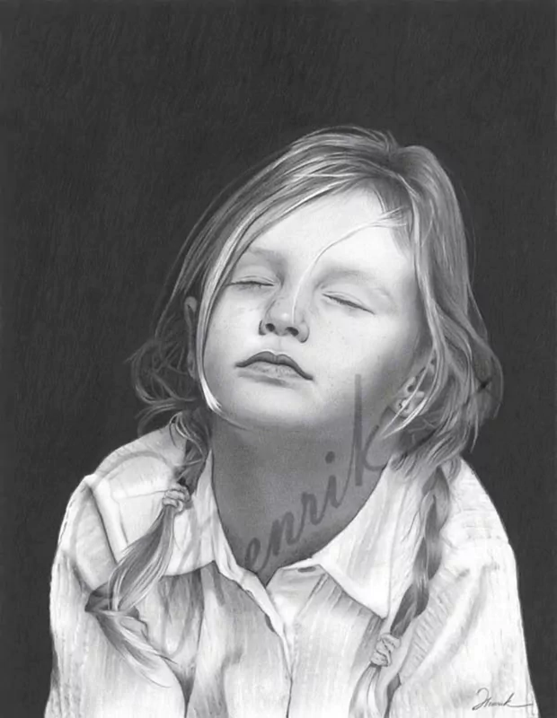 Artistic pencil drawing of a child with braided hair and closed eyes, a serene expression, wearing a collared shirt against a dark background.