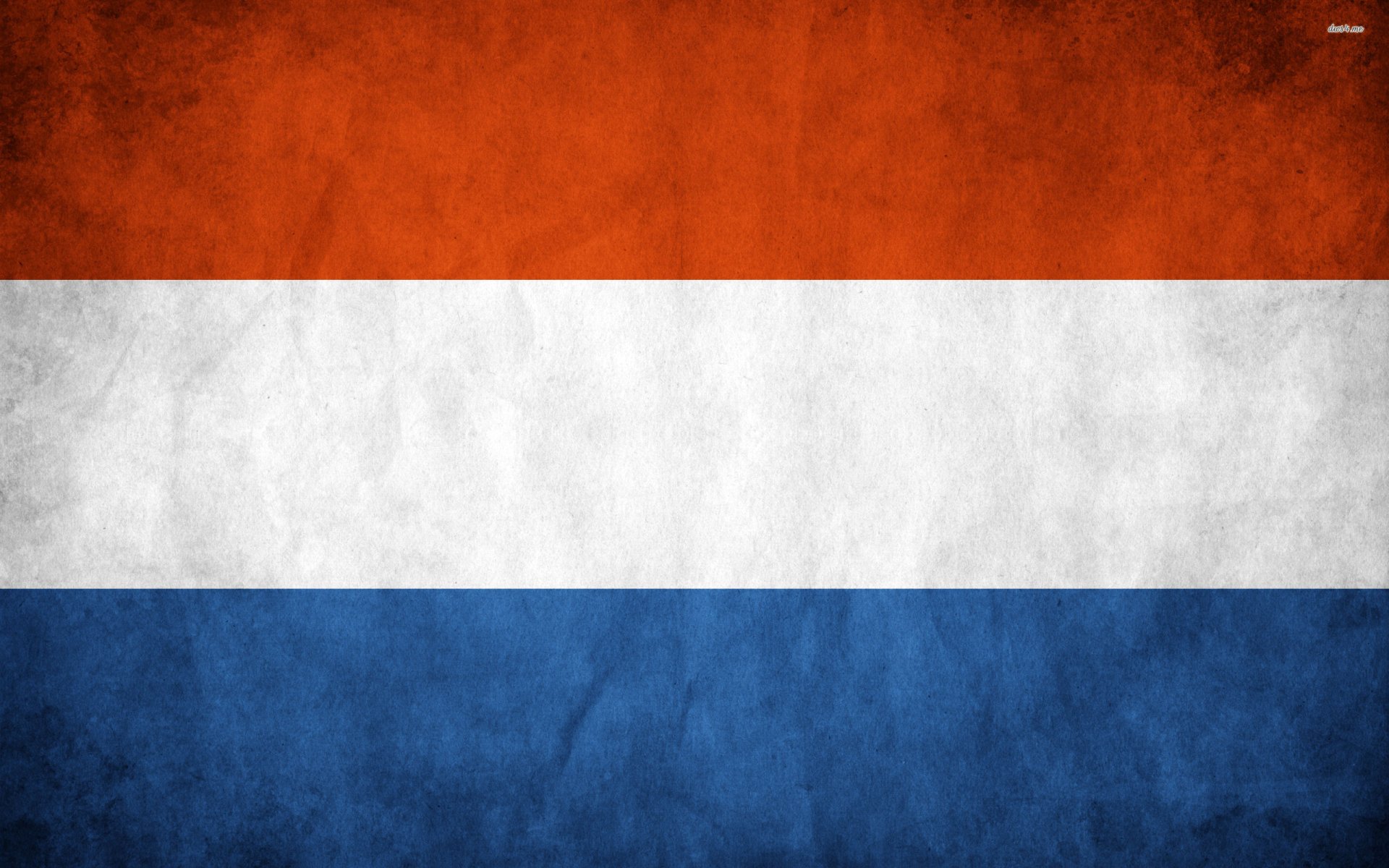 The image shows the flag of the Netherlands with horizontal bands of red, white, and blue in a textured, vintage style.