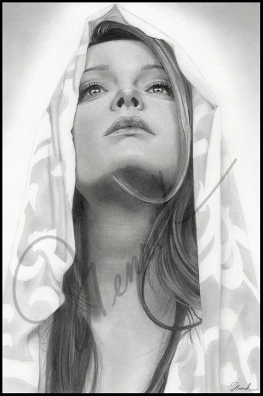 Drawing of a pretty woman gazing upward, partially covered by a patterned cloth draped over her head, rendered in detailed grayscale pencil shading.