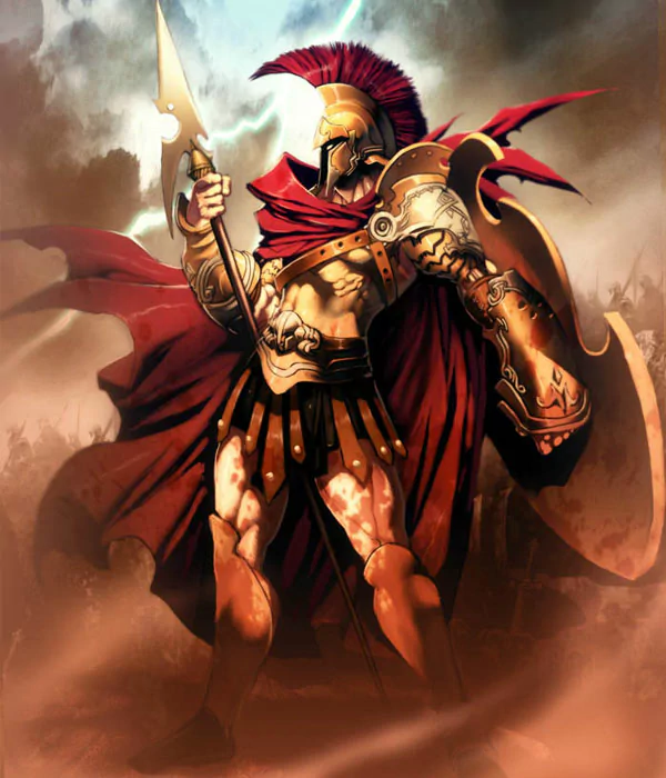 A warrior clad in ornate armor and a red cape stands ready with spear and shield amid a smoky battlefield, depicted in a Warhammer video game style.