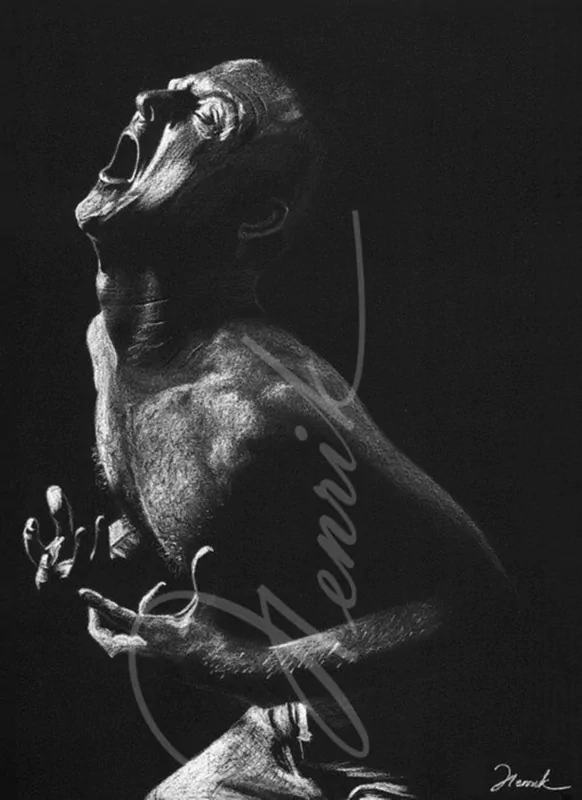A dramatic drawing of an old man expressing intense emotion, with a focus on his muscular physique and anguished facial expression against a dark background.