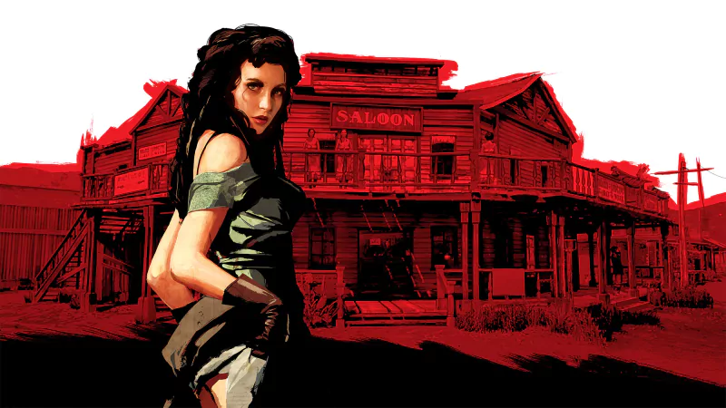 Red Dead Redemption video game art: a woman in frontier attire stands before a red-tinted Old West saloon.