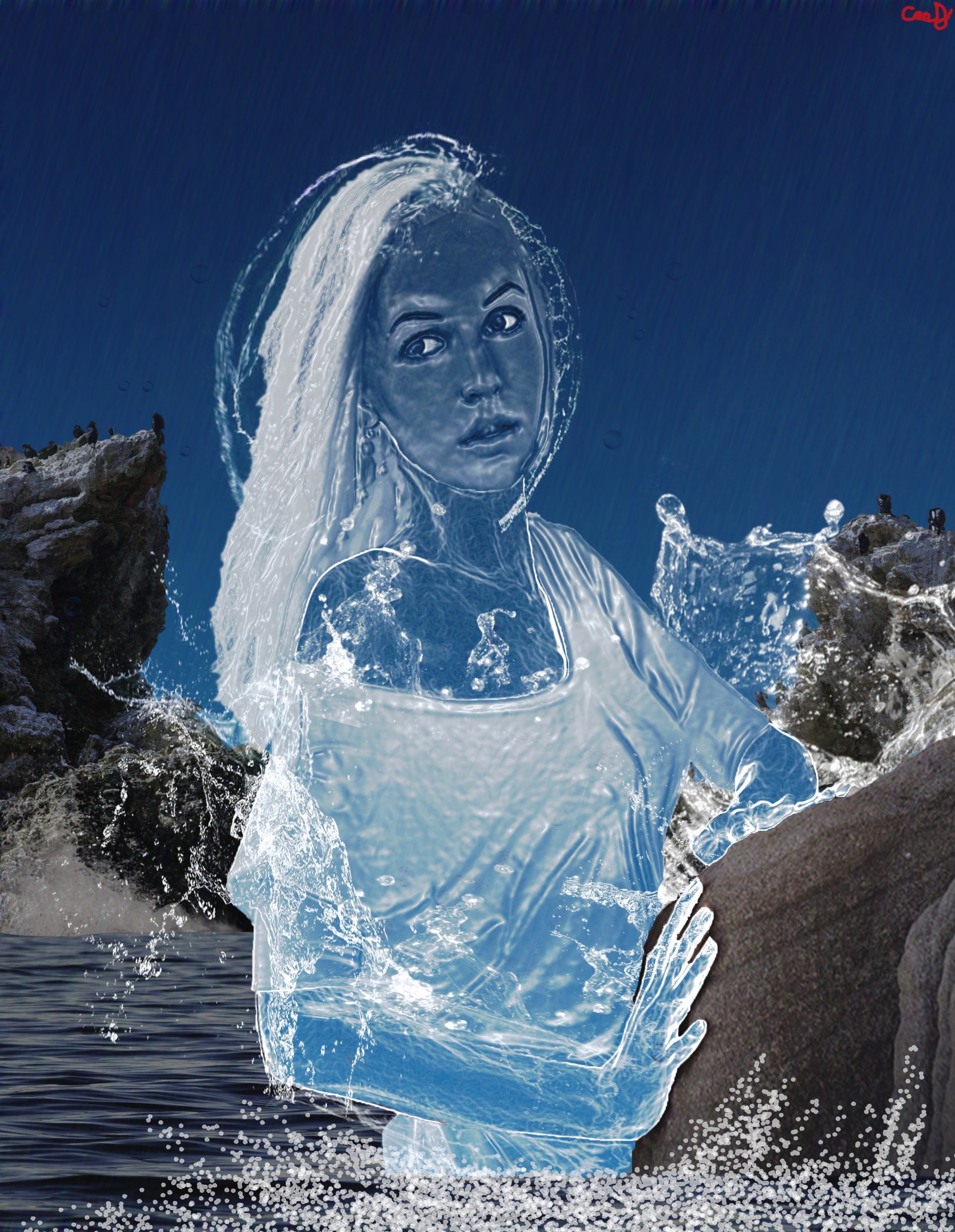 A fantasy woman sculpted from translucent water rises beside a rocky shore under a deep blue sky.