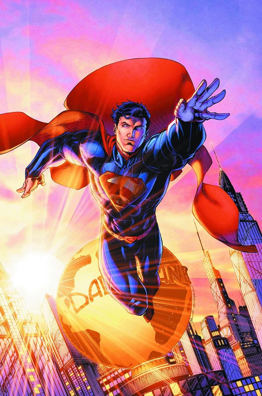 Superman soars over Metropolis with the Daily Planet globe below, bathed in a vibrant sunrise sky in this dynamic DC Comics illustration.