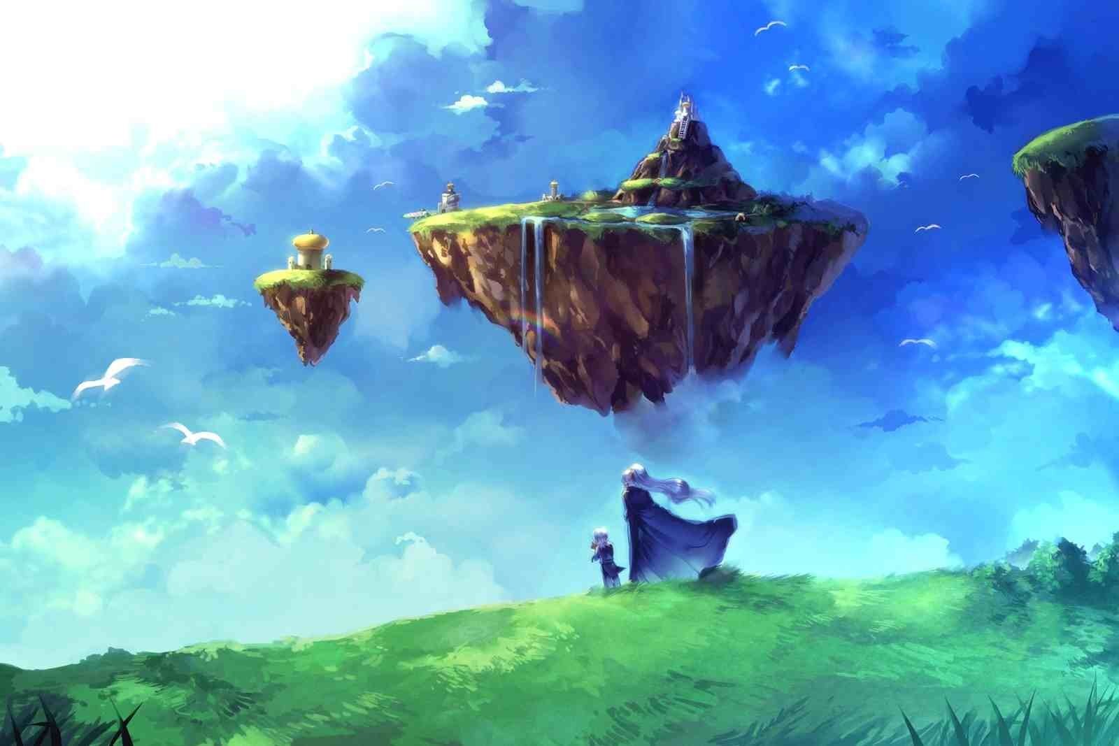 Chrono Trigger video game scene: a cloaked hero and companion stand on a grassy hill gazing at floating islands under a bright, cloud-filled blue sky.