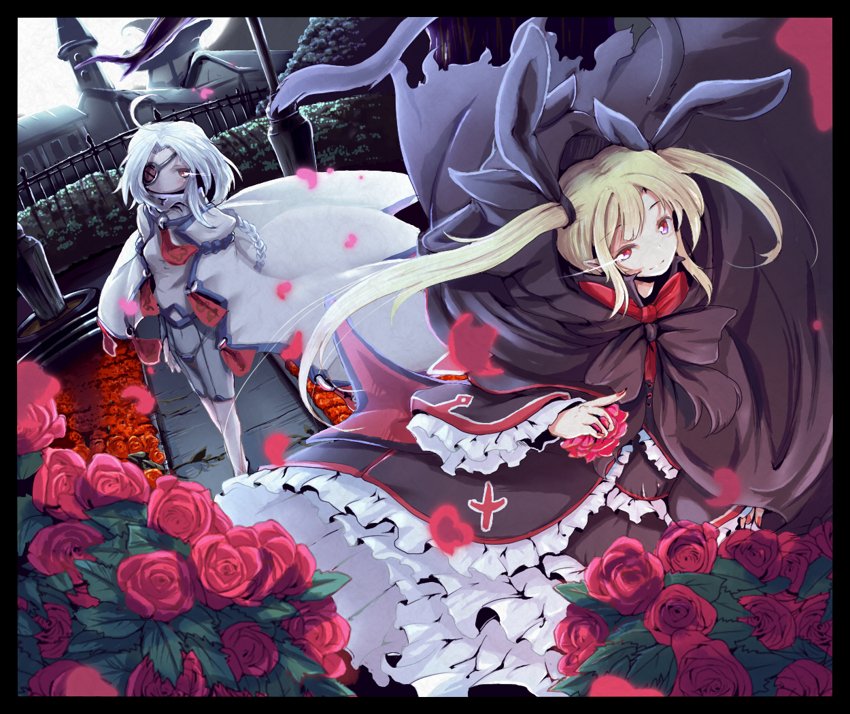 Anime BlazBlue scene: blonde girl in a frilly gothic dress with bunny-eared hood amid crimson roses and falling petals, a pale armored figure looms by a moonlit estate.