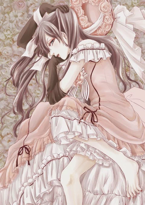 Ciel Phantomhive from Kuroshitsuji (Black Butler) lies on a floral bed, dressed in a detailed, frilly Victorian-style pink dress with long gloves and ribbons.