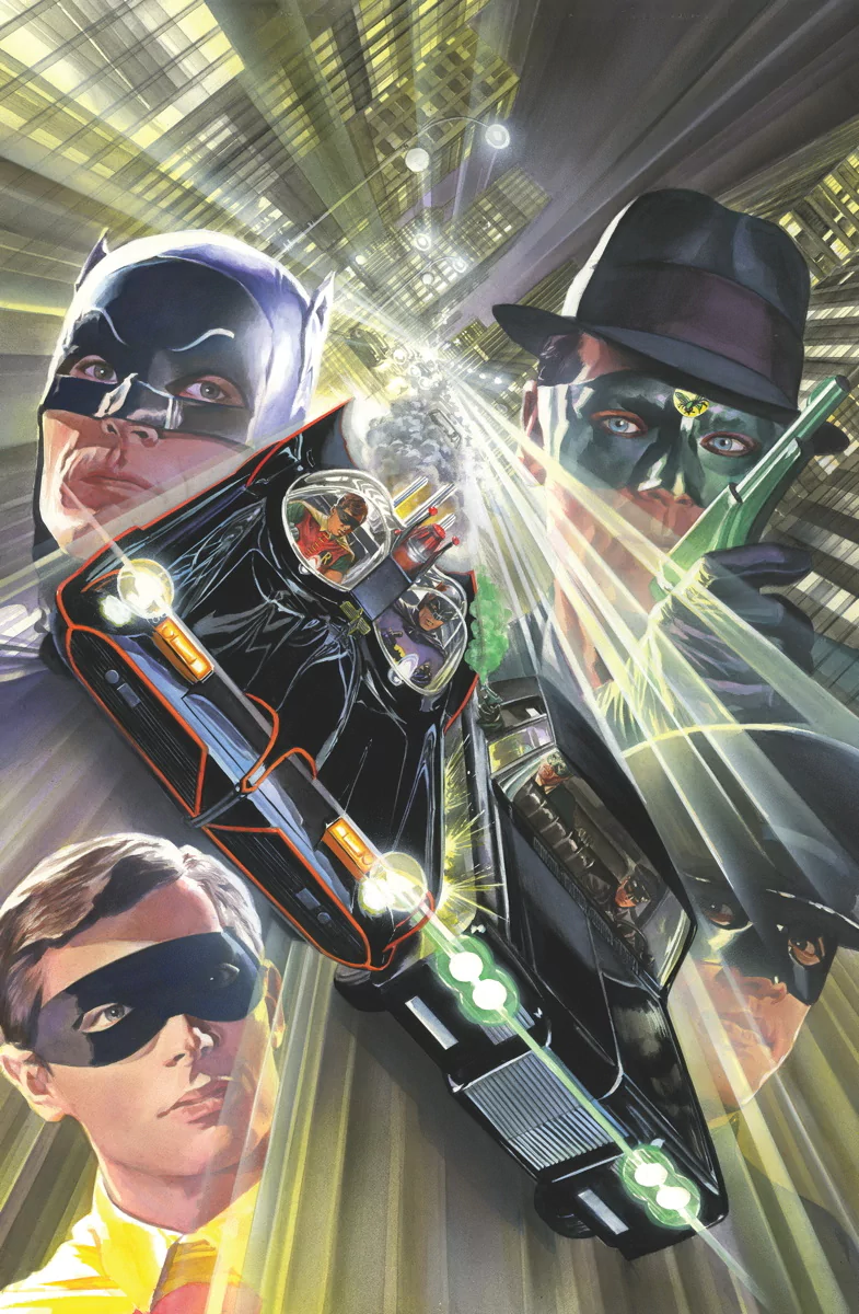 Batman '66 comic-style image: Batman and Robin with the Batmobile as a fedora-wearing masked villain looms above against a glowing, motion-blurred cityscape.