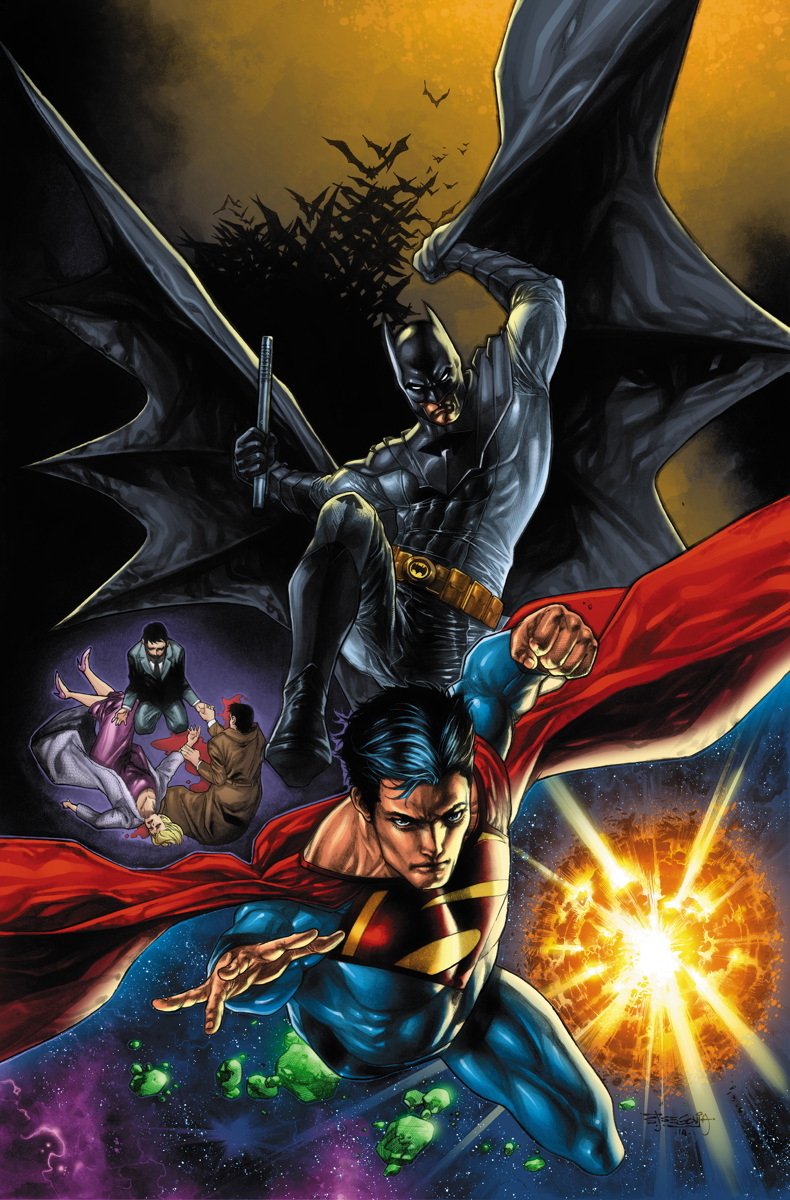 DC Comics art: Batman (Bruce Wayne) looms over while Superman (Clark Kent) flies forward; inset shows Thomas and Martha Wayne.