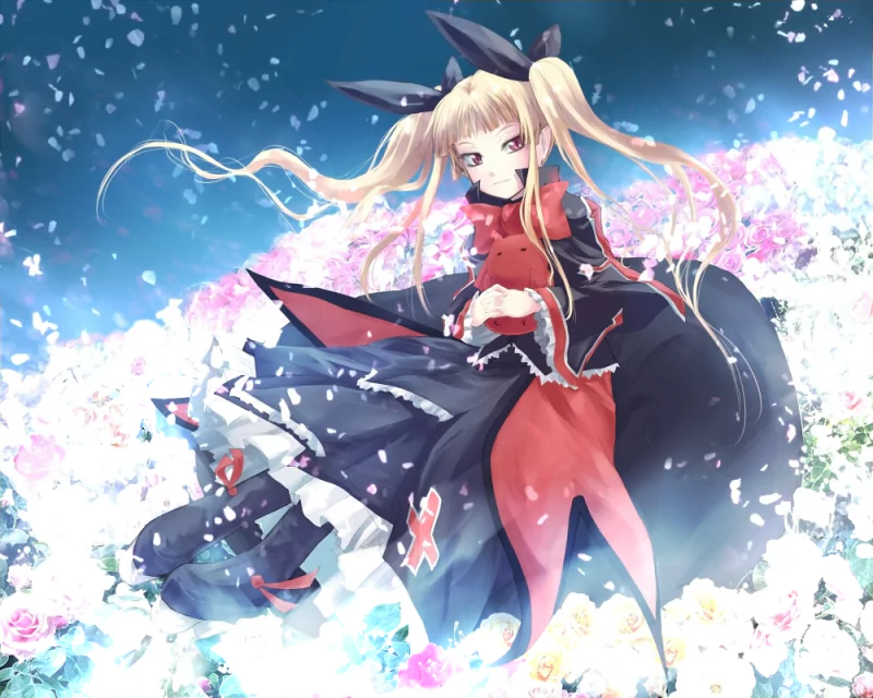 Anime-style BlazBlue character with long blonde twin-tails in a red-and-black dress, floating amid swirling cherry petals and glowing blue light.