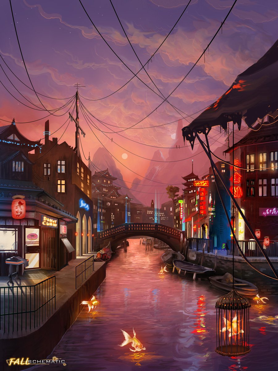 Lantern-lit fantasy cityscape at dusk along a canal, pagoda rooftops and an arched bridge, neon signs and floating lights reflected in pink water beneath a violet sky.