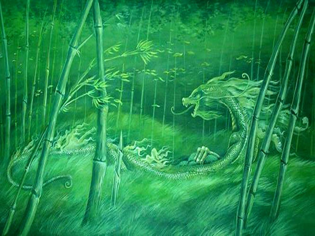 A vibrant green fantasy scene depicting a jade dragon weaving through lush bamboo and grass, creating an enchanting atmosphere filled with mystical energy.