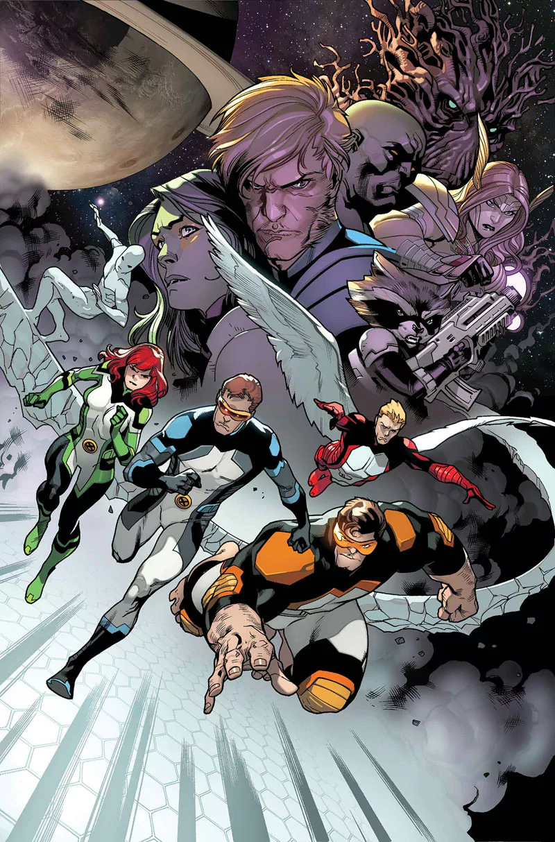 Comic art featuring Guardians of the Galaxy—Star Lord, Rocket Raccoon, Groot, Drax, Gamora—and All New X-Men members Cyclops, Beast, Iceman, Angel, and Jean Grey in dynamic poses.