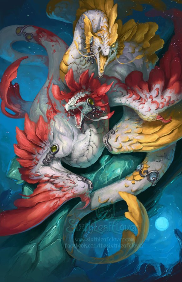 Zodiac fantasy scene of two entwined dragon-like sea serpents, red, gold and white scales, jeweled eyes, coiling around a glowing underwater rock.