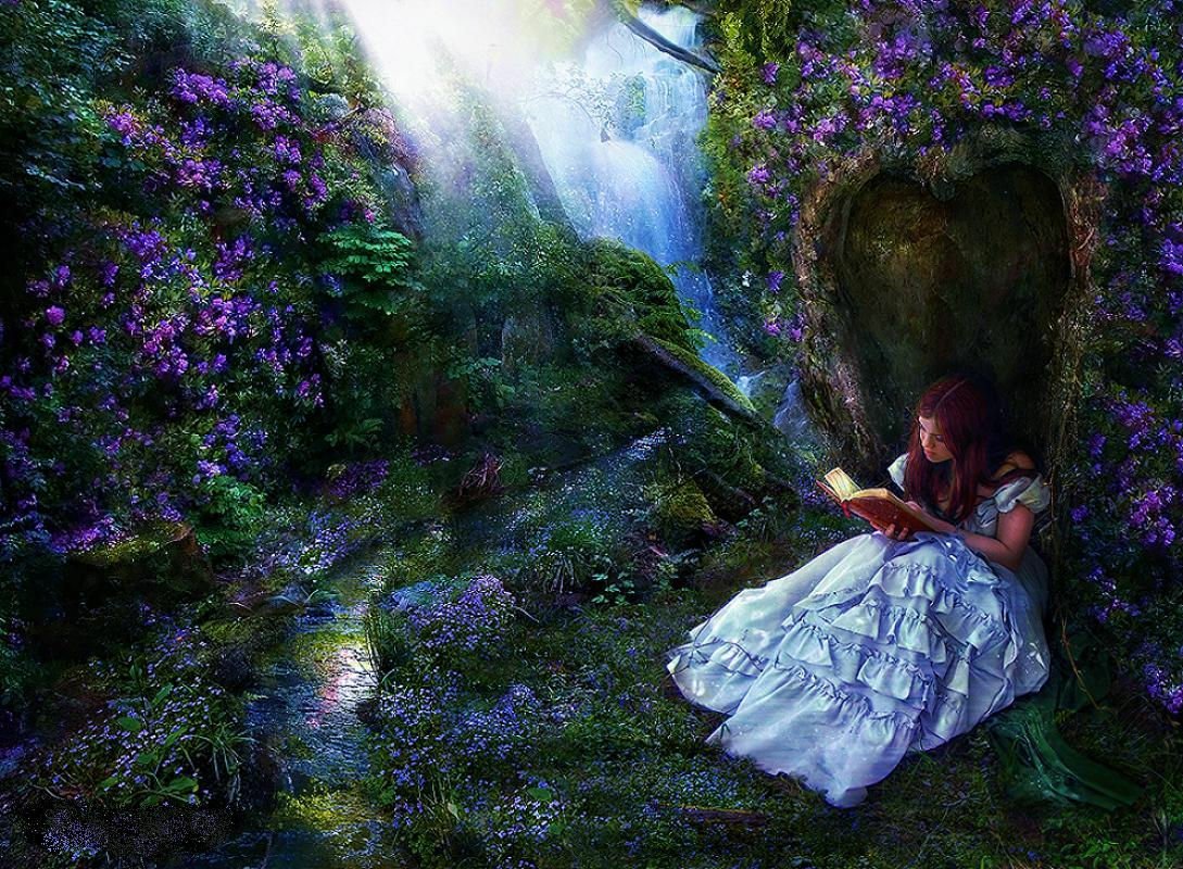 A woman in a flowing white dress sits peacefully in a secret, flower-filled forest, absorbed in a book, surrounded by enchanting light and lush greenery.