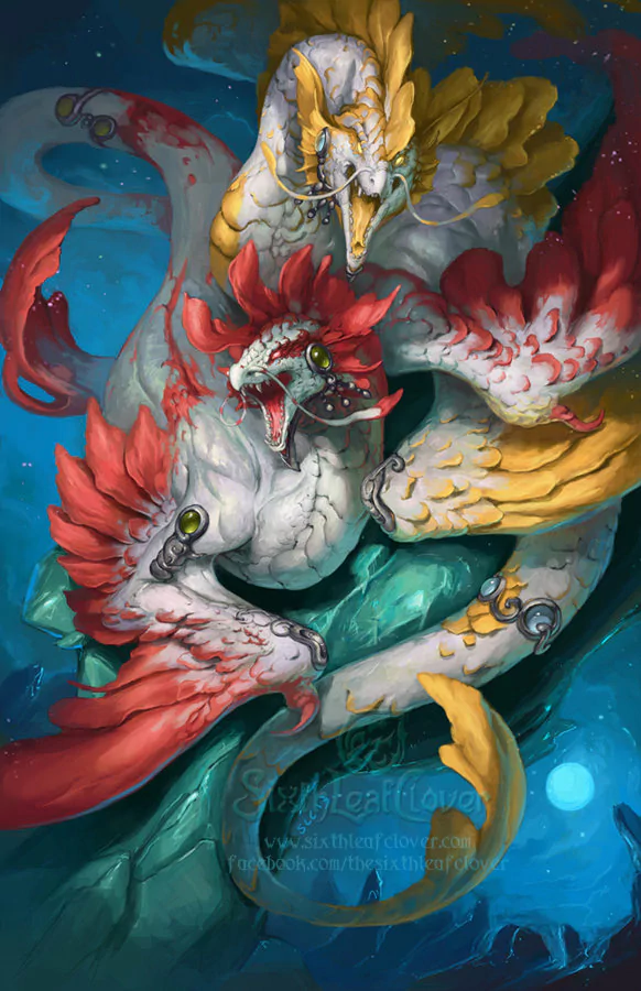 Zodiac fantasy scene of two entwined dragon-like sea serpents, red, gold and white scales, jeweled eyes, coiling around a glowing underwater rock.