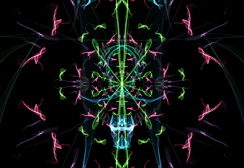 Vibrant generative fractal abstract: neon greens, pinks and blues form a symmetrical, kaleidoscopic pattern of flowing, ribbon-like shapes on a black background.