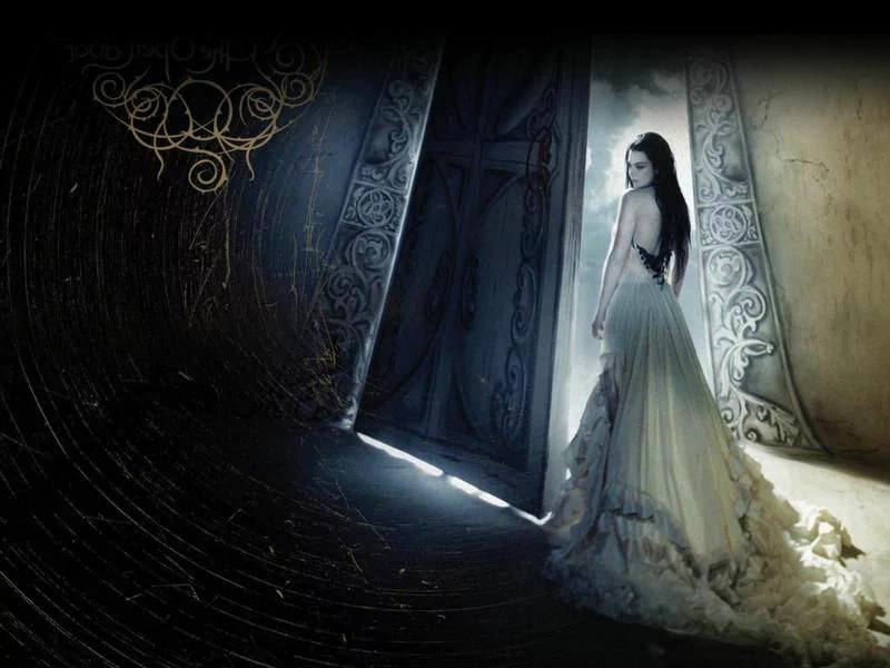 A woman in a flowing gown stands at a doorway illuminated by soft light, evoking a sense of fantasy and mystery in an enchanting setting.