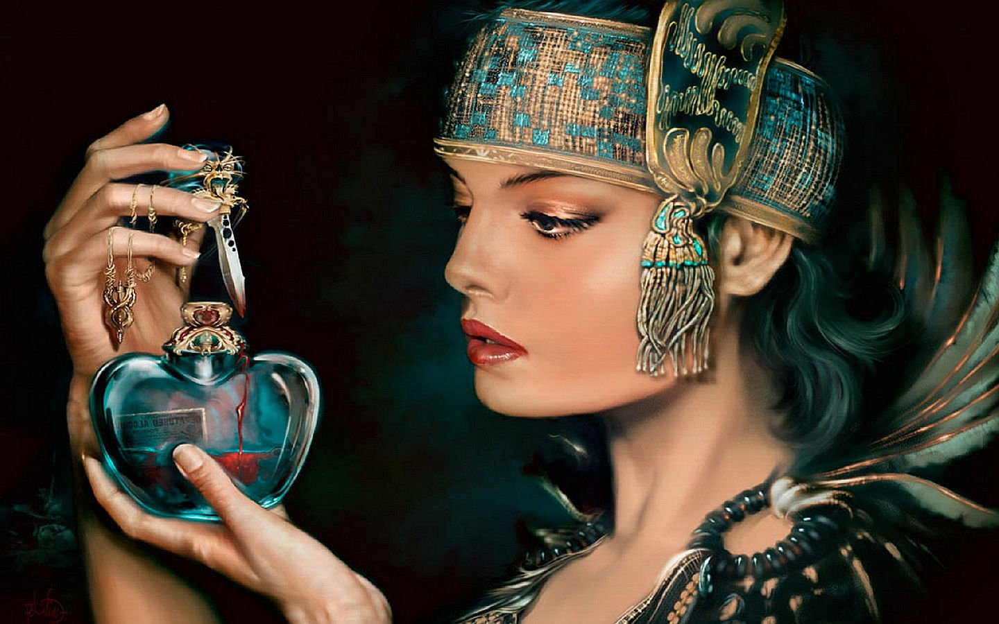 A woman in fantasy attire delicately holds a heart-shaped bottle filled with blood, embodying themes of love and danger, with a dagger accentuating the mysterious atmosphere.