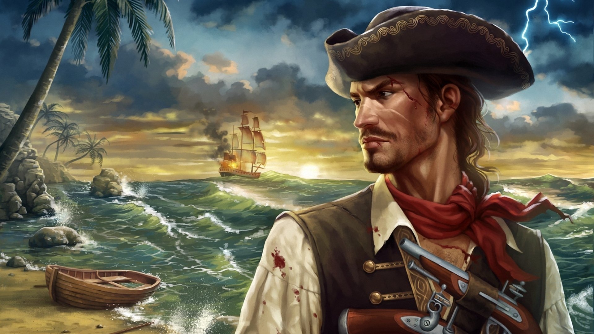 A fantasy pirate stands on a storm-lashed shore, pistols and saber at his belt, watching a lightning-lit ship on turbulent seas by a palm-fringed beach and abandoned rowboat.