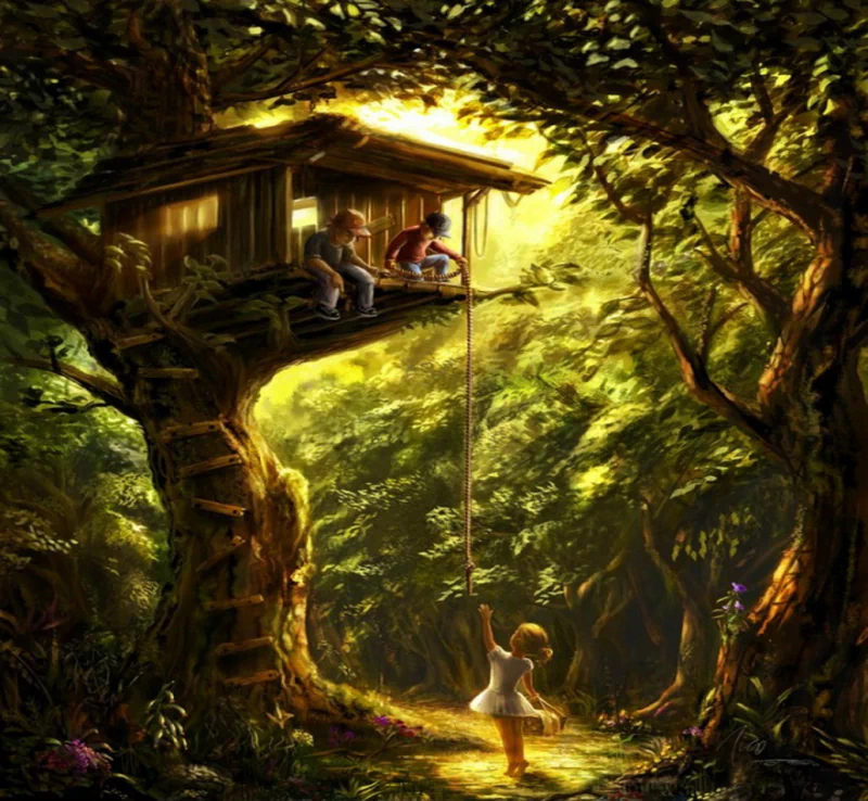 A vibrant painting of a tree house nestled among lush greenery, featuring children playing with a rope beside colorful flowers, capturing a whimsical and artistic atmosphere.