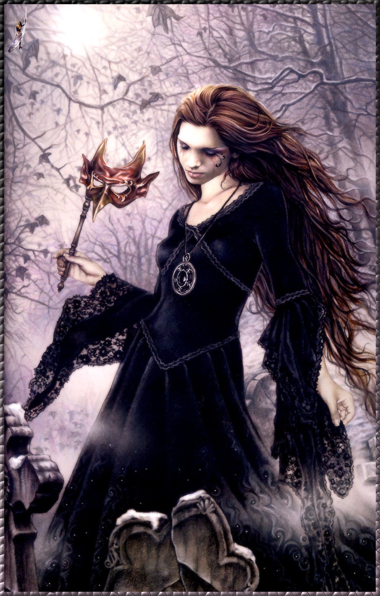 Dark Victoria Francés–style gothic scene: pale woman in a flowing black lace dress, long windswept hair and pendant, holding an ornate mask amid bare trees and weathered gravestones.