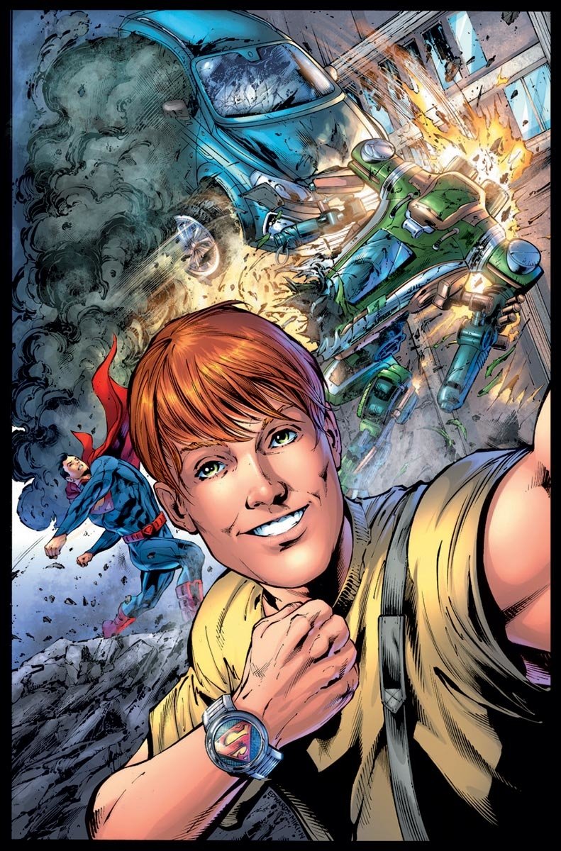 Comic-style selfie of Jimmy Olsen grinning and showing a Superman-logo watch while Superman fights amid exploding cars and flying debris.