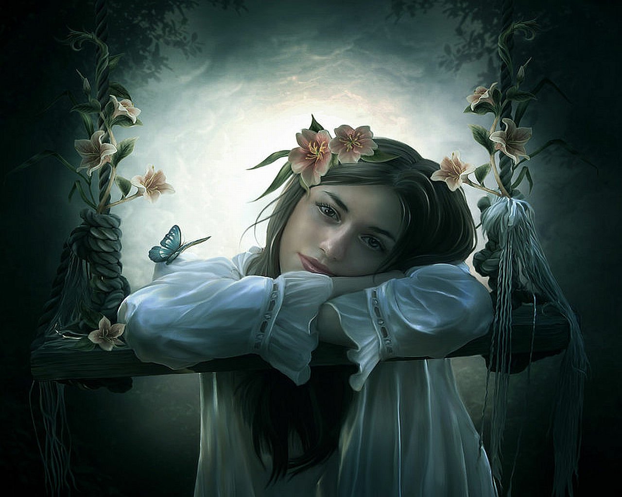 A fantasy scene featuring a woman resting her head on her arms, adorned with flowers. A delicate butterfly flits nearby, enhancing the enchanting atmosphere.