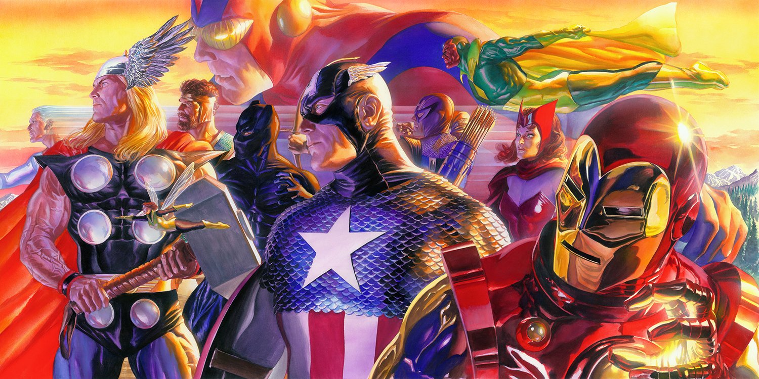 Comic-style illustration of the Avengers: Captain America center, Iron Man and Thor nearby, other heroes and a flying figure silhouetted against a glowing sunset.