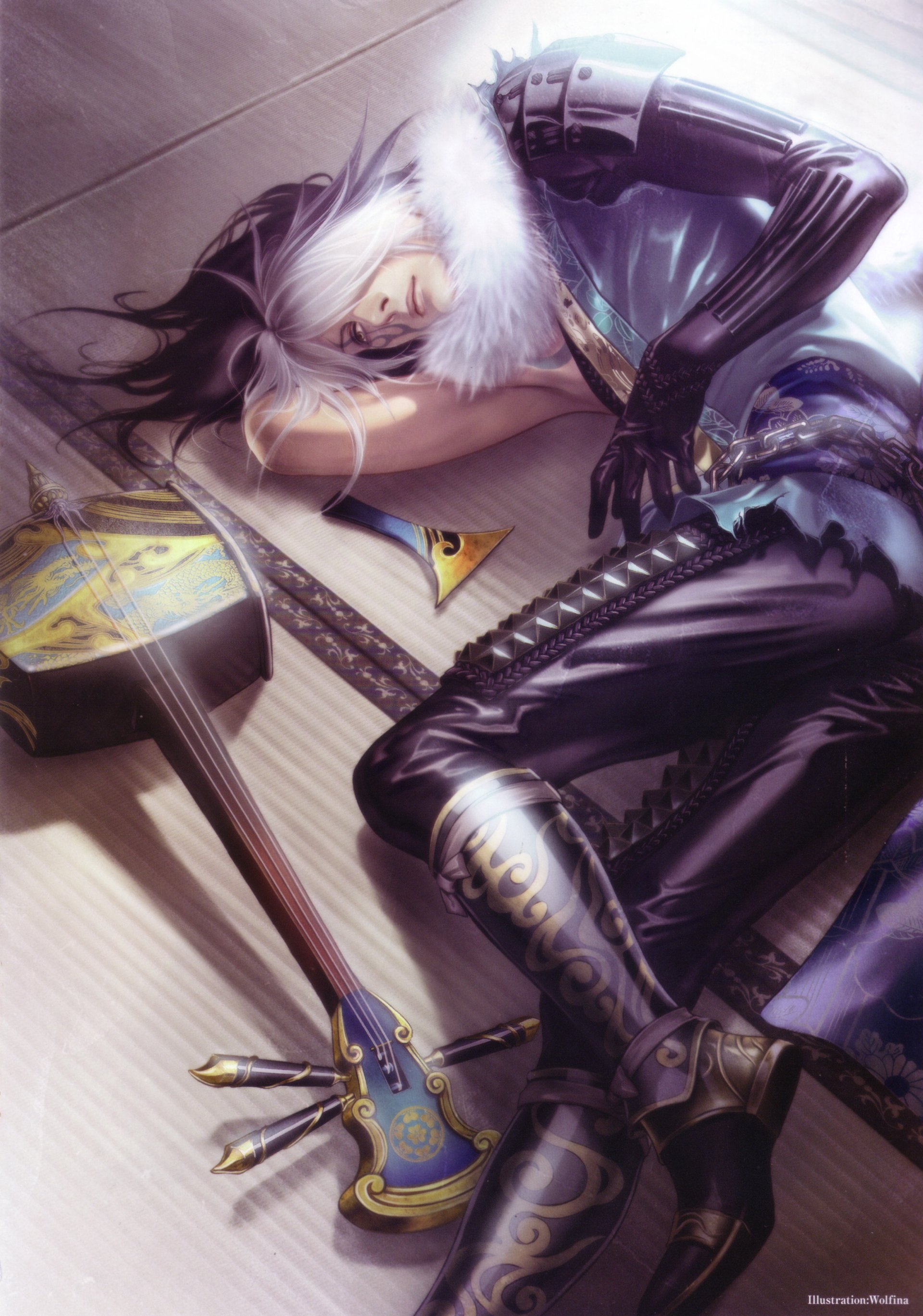A character from Samurai Warriors 2 relaxes on a floor, surrounded by a traditional instrument and a colorful projectile, showcasing a blend of artistry and gameplay elements.
