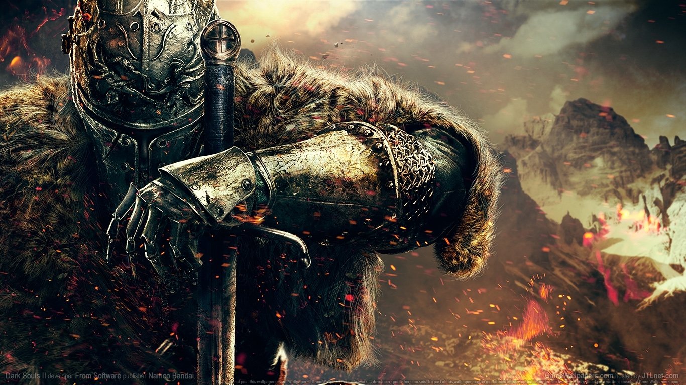 A heavily armored knight from the video game Dark Souls II, resting on a sword with a fiery, war-torn landscape in the background.
