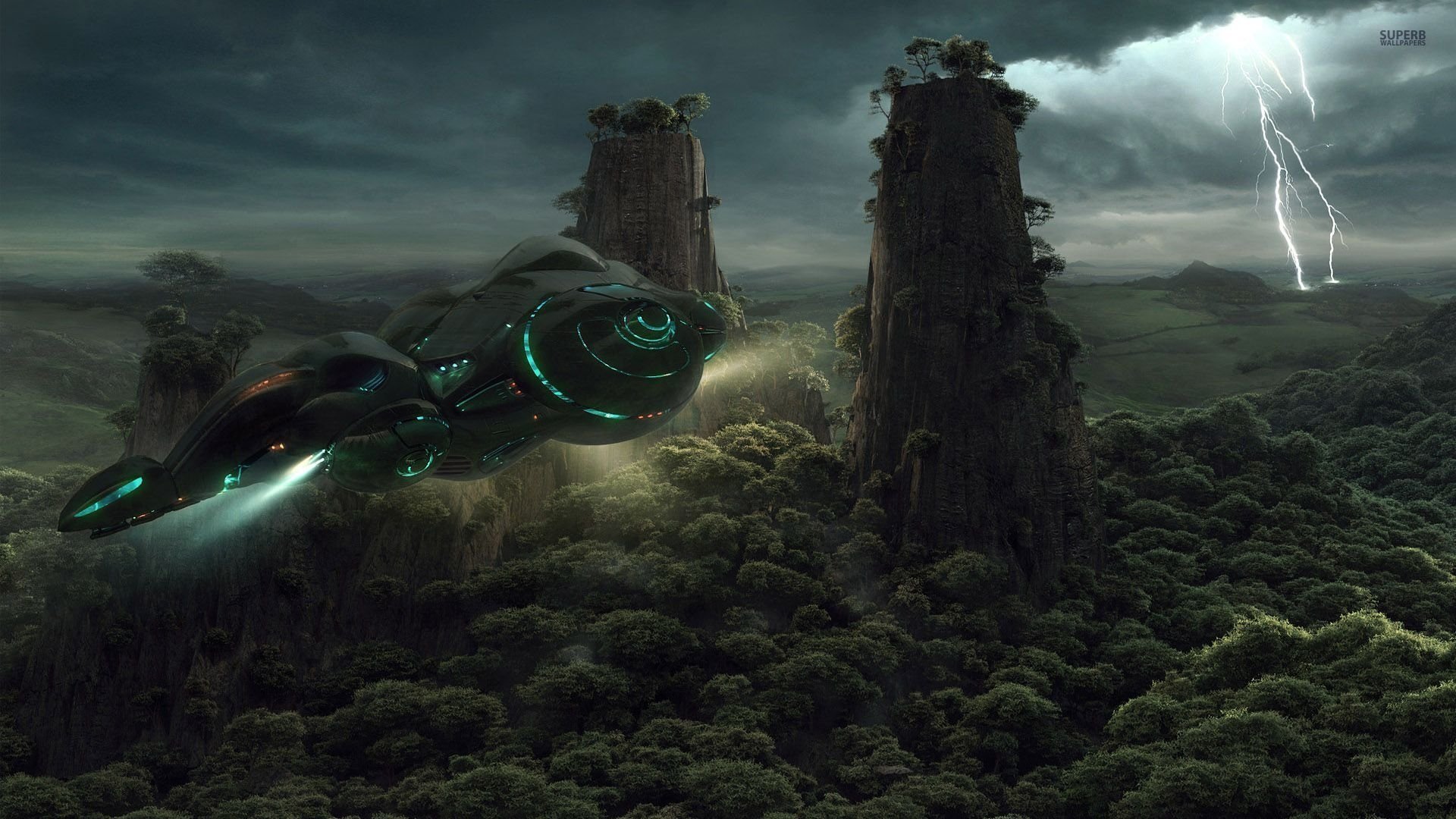 A sleek sci-fi spaceship flies over a dense, dark forest with towering rock formations under a stormy sky illuminated by lightning.